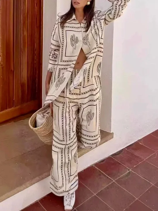 ❤️Hello Gorgeous! Desert Tile Print Cactus Print Button Up Shirt and Pants Set - Picture 2 of 9